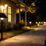A photograph of a well-lit outdoor scene featuring solar sign lights illuminating a pathway or entrance
