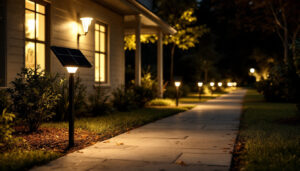 A photograph of a well-lit outdoor scene featuring solar sign lights illuminating a pathway or entrance