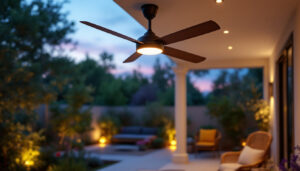 A photograph of a stylish outdoor ceiling fan with integrated lighting installed in a beautifully landscaped patio setting