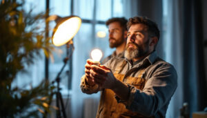 A photograph of a lighting contractor installing a bulb g 25w in a stylish setting