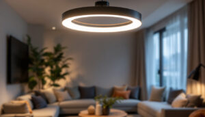 A photograph of a stylish modern ceiling light fixture in a well-lit