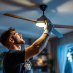 A photograph of a skilled lighting contractor expertly installing a stylish ceiling fan in a beautifully lit living space