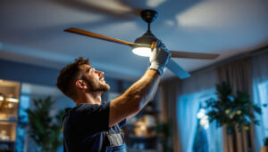 A photograph of a skilled lighting contractor expertly installing a stylish ceiling fan in a beautifully lit living space
