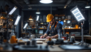A photograph of a well-organized workspace featuring various led workshop lights in use