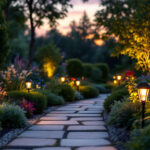 A photograph of a beautifully landscaped garden at dusk