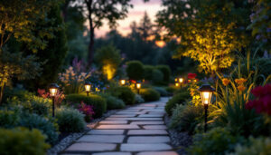 A photograph of a beautifully landscaped garden at dusk