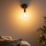A photograph of a stylish indoor wall sconce illuminating a cozy living space