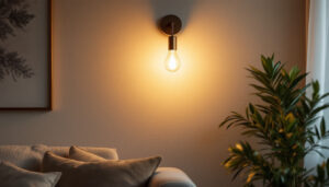 A photograph of a stylish indoor wall sconce illuminating a cozy living space