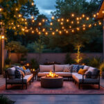 A photograph of a beautifully lit patio at dusk