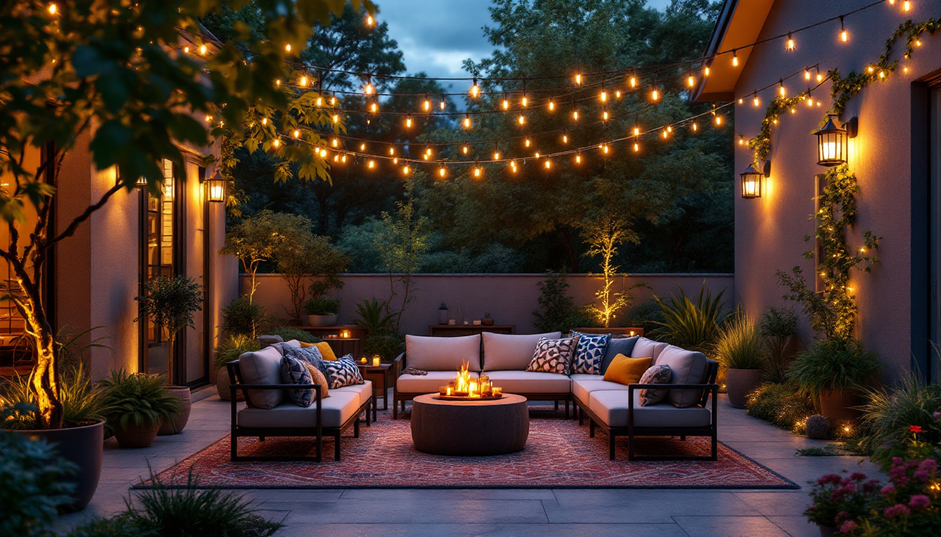 A photograph of a beautifully lit patio at dusk