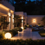 A photograph of a beautifully illuminated outdoor space featuring various led light fixtures in use