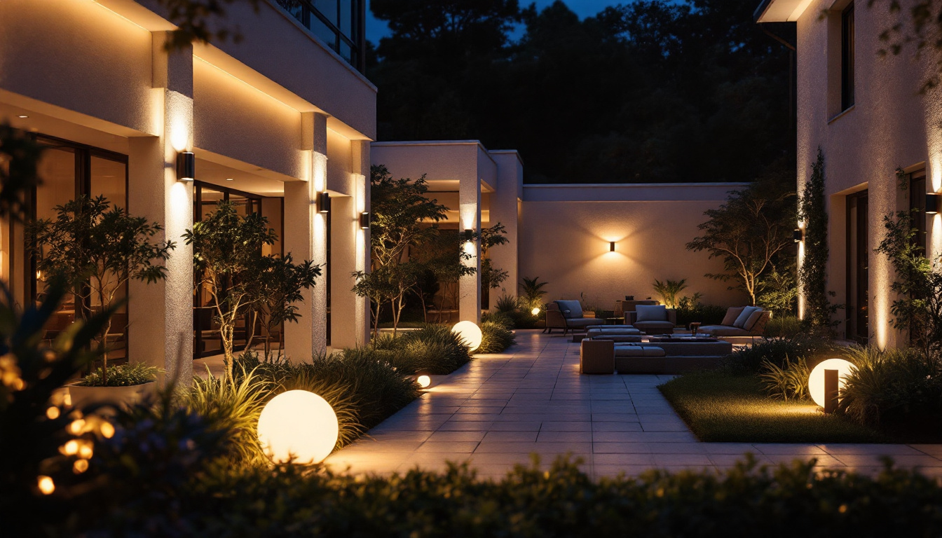 A photograph of a beautifully illuminated outdoor space featuring various led light fixtures in use