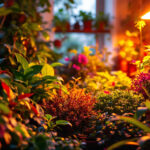 A photograph of a vibrant indoor garden illuminated by led plant lights