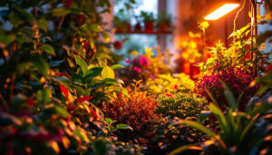 A photograph of a vibrant indoor garden illuminated by led plant lights