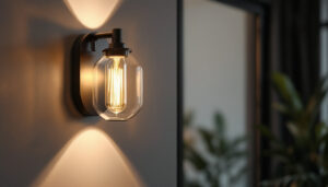 A photograph of a stylishly designed wall-mounted light fixture in a modern interior setting