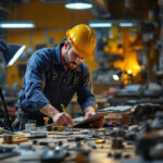 A photograph of a skilled lighting contractor working with various essential tools and equipment in a well-lit workspace
