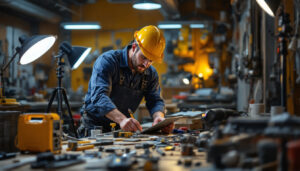 A photograph of a skilled lighting contractor working with various essential tools and equipment in a well-lit workspace