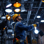 A photograph of a lighting contractor on-site