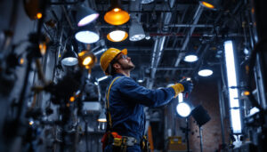 A photograph of a lighting contractor on-site