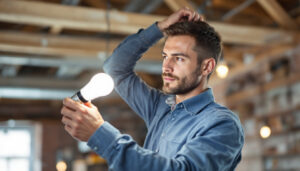 A photograph of a lighting contractor in action