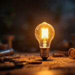 A photograph of a vintage light bulb glowing warmly in a dimly lit environment