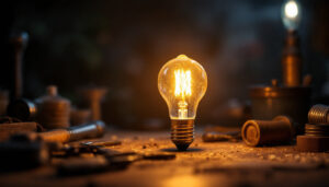 A photograph of a vintage light bulb glowing warmly in a dimly lit environment