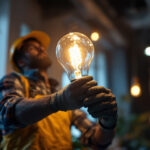 A photograph of a lighting contractor installing a sodium bulb in a commercial setting