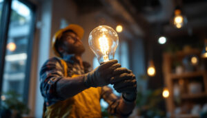 A photograph of a lighting contractor installing a sodium bulb in a commercial setting