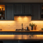A photograph of a stylish kitchen featuring warm
