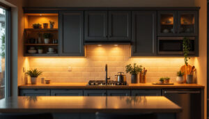 A photograph of a stylish kitchen featuring warm