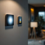 A photograph of a modern smart home environment featuring sleek smart switches in action