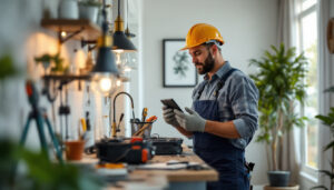 A photograph of a lighting contractor working on a residential project