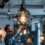 A photograph of a stylish industrial chandelier installed in a modern workspace