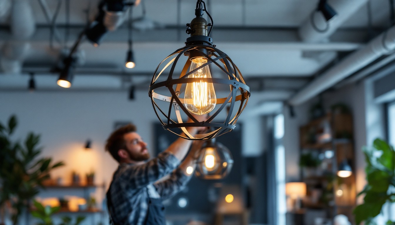 A photograph of a stylish industrial chandelier installed in a modern workspace