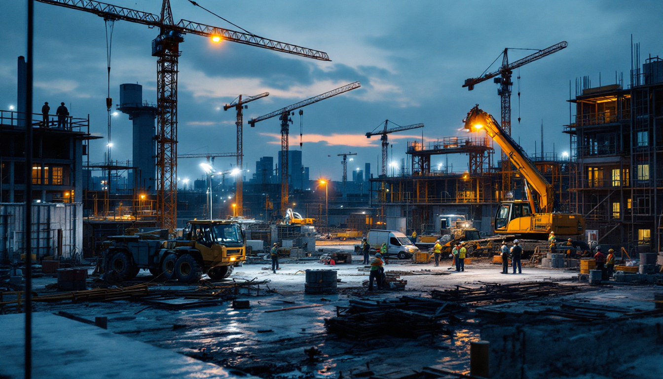 A photograph of a well-lit construction site at dusk