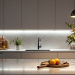 A photograph of a beautifully designed kitchen showcasing various undercounter lighting options