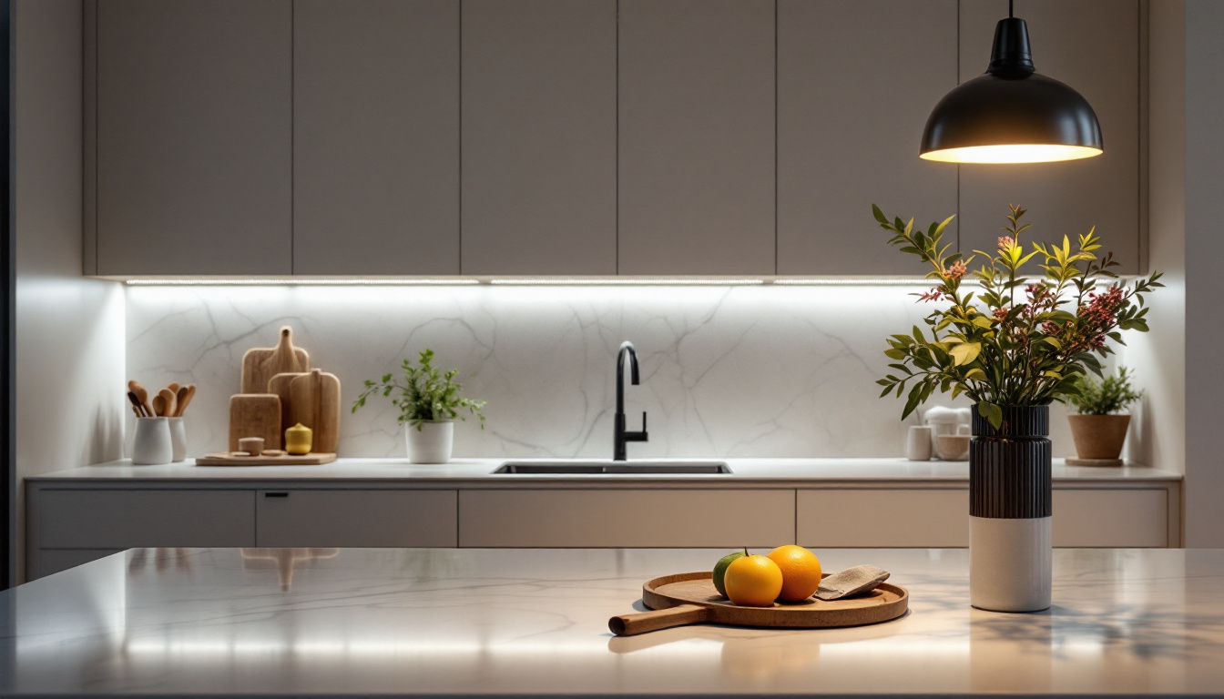 A photograph of a beautifully designed kitchen showcasing various undercounter lighting options