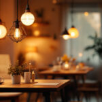 A photograph of a beautifully lit interior space showcasing various types of lights—such as pendant