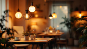 A photograph of a beautifully lit interior space showcasing various types of lights—such as pendant