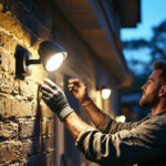 A photograph of a lighting contractor installing a motion sensor security light on a residential property