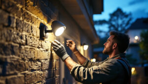 A photograph of a lighting contractor installing a motion sensor security light on a residential property