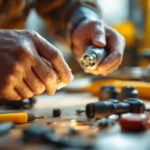 A photograph of a skilled lighting contractor at work