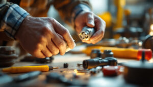 A photograph of a skilled lighting contractor at work