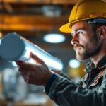 A photograph of a lighting contractor expertly installing or inspecting a fluro light ballast in a commercial setting
