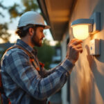 A photograph of capture a photograph of a lighting contractor installing an outdoor light sensor in a residential or commercial setting