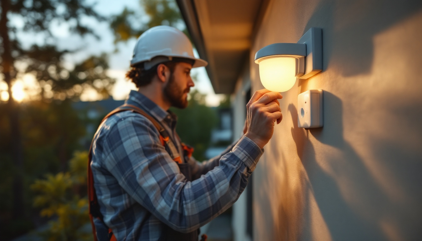 A photograph of capture a photograph of a lighting contractor installing an outdoor light sensor in a residential or commercial setting