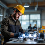 A photograph of a lighting contractor examining various types of ballasts in a well-lit workshop