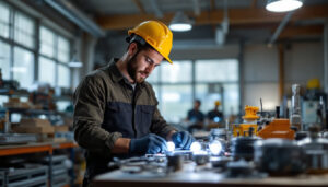 A photograph of a lighting contractor examining various types of ballasts in a well-lit workshop