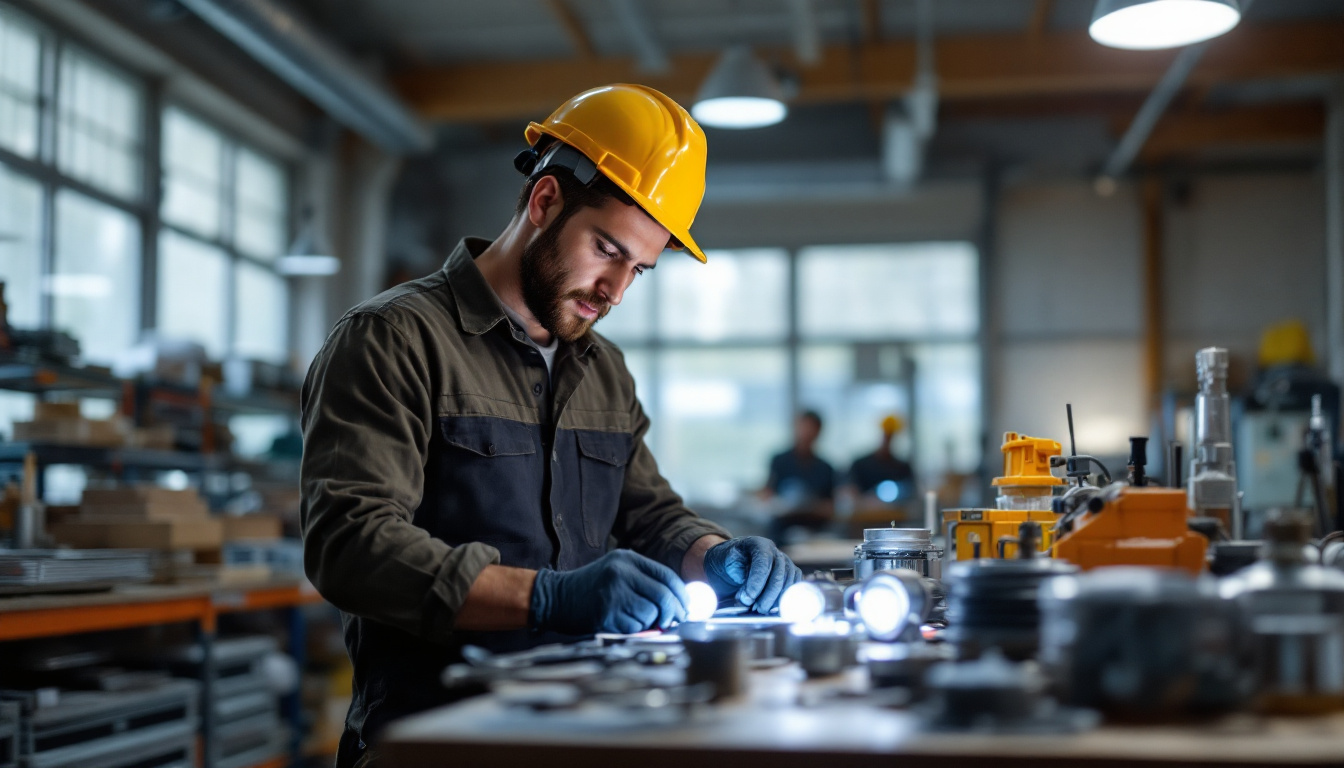 A photograph of a lighting contractor examining various types of ballasts in a well-lit workshop