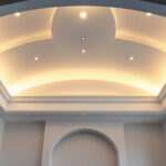 A photograph of a beautifully designed vaulted ceiling featuring recessed lighting